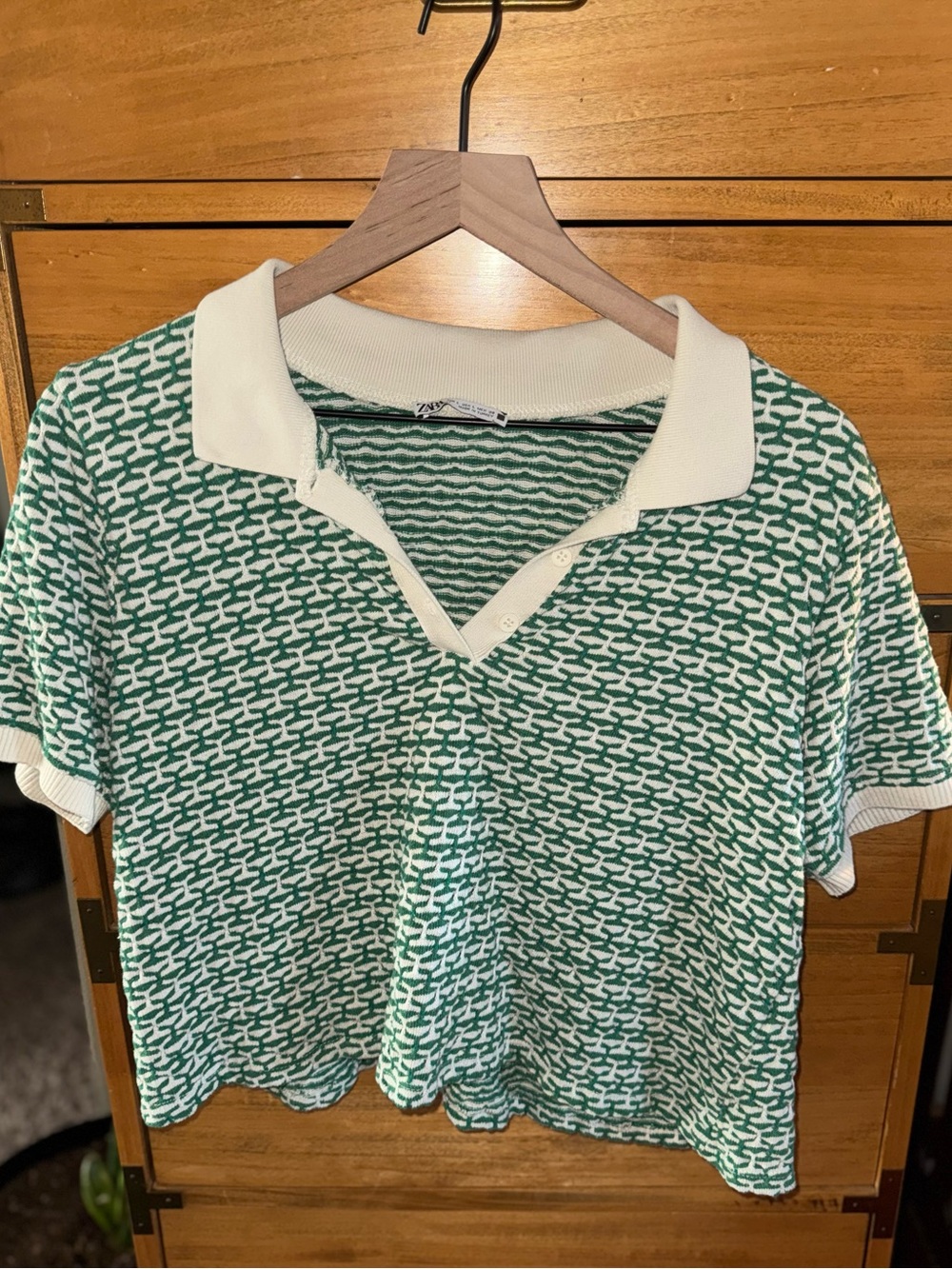 Zara Green & White cropped Knit Polo Top